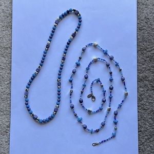 Two necklaces of purple, blue + silver beads